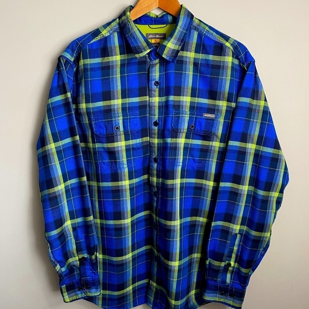 Eddie Bauer Men's Blue Plaid Long Sleeve Button Up‎ Shirt Size Large